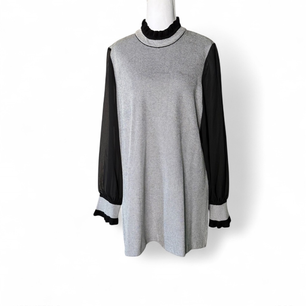 Ming Wang Textured Knit Tunic Top XL – Black Chiffon Sleeves, Ruffle Mock Neck